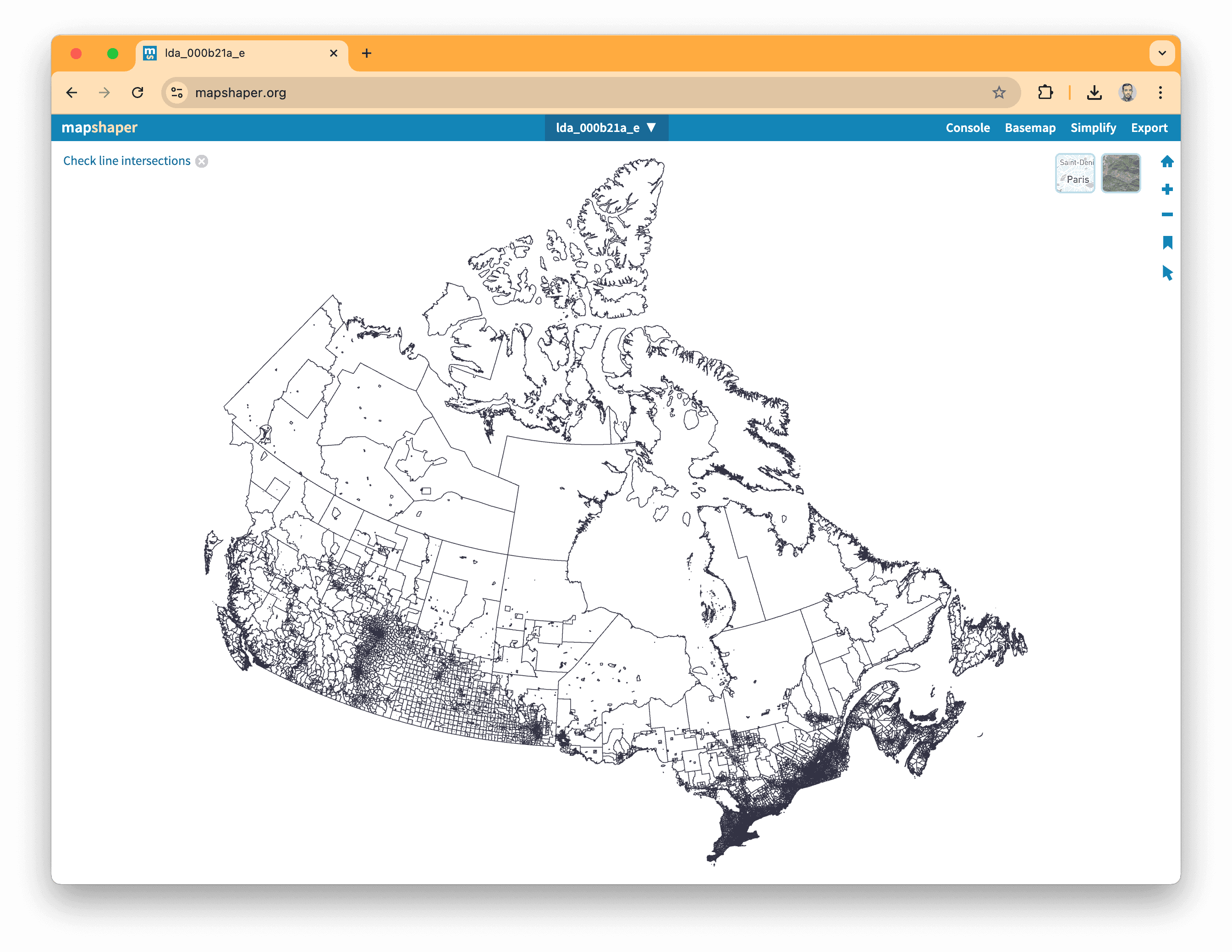 A screenshot of mapshaper showing the dissemination areas.